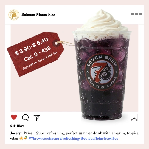 Secret Menu 87 7 Brew Bahama Mama Fizz Soda in a clear cup with pink tropical color — caffeine-free 7 Brew secret menu fizz drink