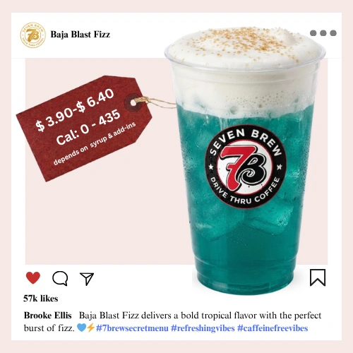 7 Brew Baja Blast Fizz Soda in a clear cup with neon blue-green color — caffeine-free 7 Brew secret menu fizz drink