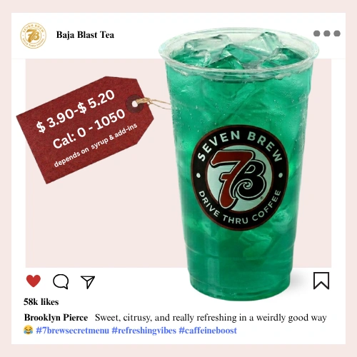 7 Brew Baja Blast Tea in a clear cup with neon blue-green color — 7 Brew secret menu tropical tea drink