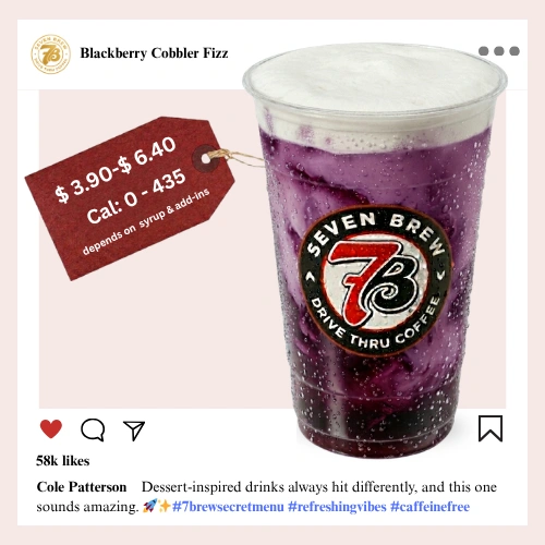 7 Brew Blackberry Cobbler Fizz Soda in a clear cup with deep purple color — caffeine-free 7 Brew secret menu fizz drink