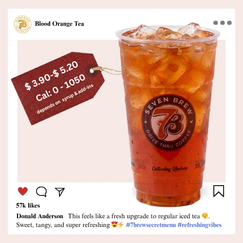 7 Brew Blood Orange Tea in a clear cup with deep ruby-orange color — 7 Brew secret menu citrus tea drink