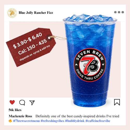 7 Brew Blue Jolly Rancher Fizz Soda in a clear cup with vivid blue color — caffeine-free 7 Brew candy fizz drink
