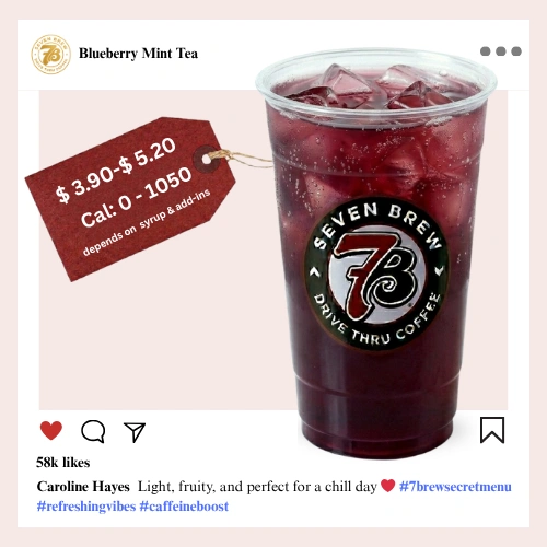 7 Brew Blueberry Mint Tea in a clear cup with deep blue-purple color — 7 Brew secret menu berry tea drink