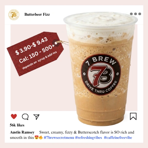 7 Brew Butterbeer Fizz Soda in a clear cup with golden caramel color — caffeine-free 7 Brew secret menu fizz drink