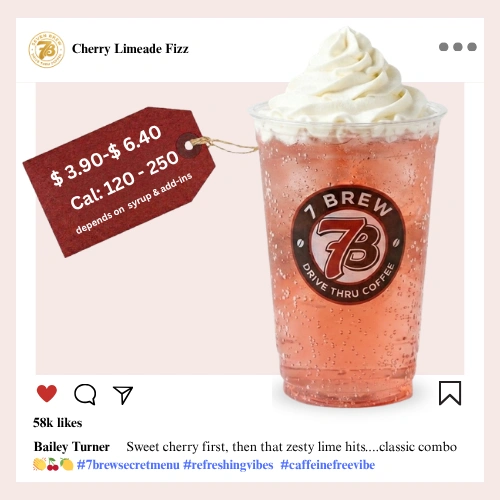 7 Brew Cherry Limeade Fizz Soda in a clear cup with bright red-pink color — caffeine-free 7 Brew citrus fizz drink
