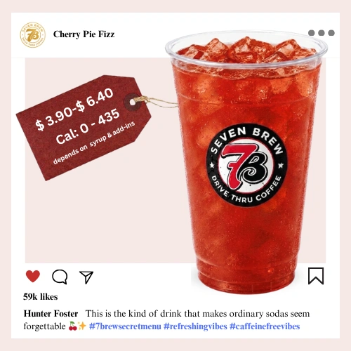 7 Brew Cherry Pie Fizz Soda in a clear cup with deep cherry-red color — caffeine-free 7 Brew dessert fizz drink