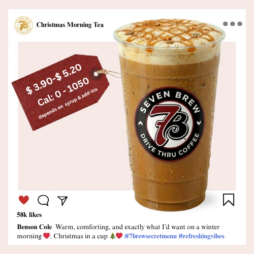 7 Brew Christmas Morning Tea in a clear cup with warm caramel color — 7 Brew secret menu holiday chai tea drink