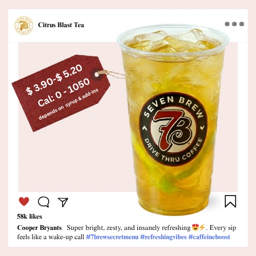 7 Brew Citrus Blast Tea in a clear cup with vibrant orange-yellow color — 7 Brew secret menu citrus tea drink