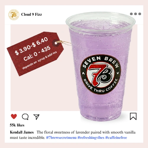 7 Brew Cloud 9 Fizz Soda in a clear cup with soft purple color — caffeine-free 7 Brew floral fizz drink