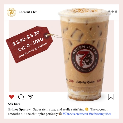 7 Brew Coconut Chai in a clear cup with warm golden-cream color — 7 Brew secret menu coconut chai tea drink