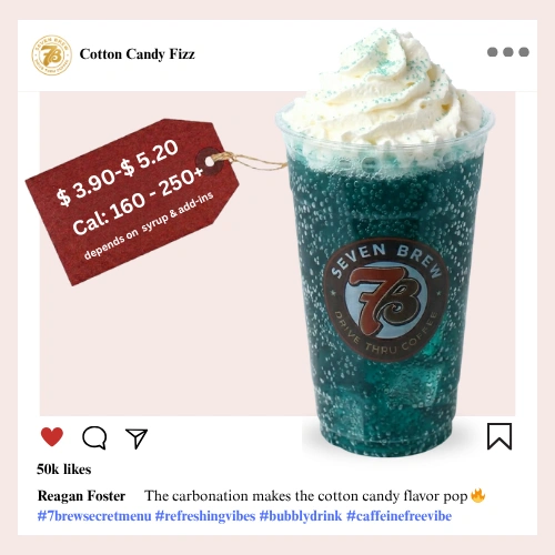 7 Brew Cotton Candy Fizz Soda in a clear cup with pastel blue color — caffeine-free 7 Brew candy fizz drink