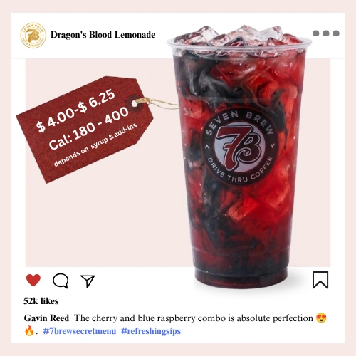7 Brew secret menu Dragon's Blood Lemonade a striking two-toned iced lemonade layering deep cherry and dark berry syrups in a bold red-purple dramatic cup