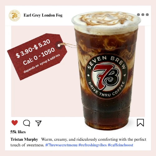 7 Brew Earl Grey London Fog Tea in a clear cup with warm golden color — 7 Brew secret menu London Fog tea drink