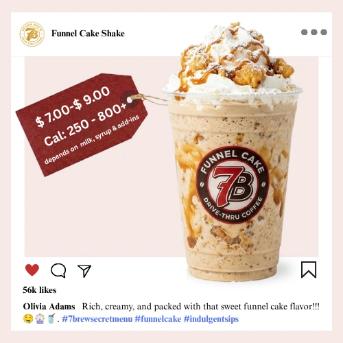 Fair-food magic in a cup — 7 Brew secret menu Funnel Cake Shake blended with sweet fried dough flavor and vanilla cream for a carnival-inspired dessert sip