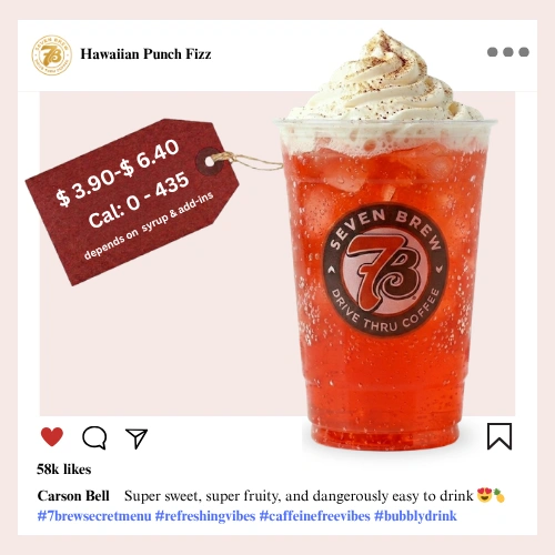 7 Brew Hawaiian Punch Fizz Soda in a clear cup with bright red-orange color — caffeine-free 7 Brew tropical fizz drink