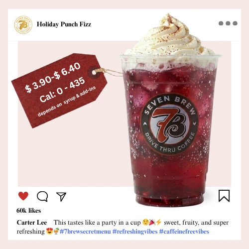 7 Brew Holiday Punch Fizz Soda in a clear cup with deep jewel-red color — caffeine-free 7 Brew festive fizz drink