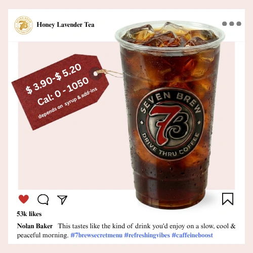 7 Brew Honey Lavender Tea in a clear cup with soft purple-golden color — 7 Brew secret menu floral tea drink