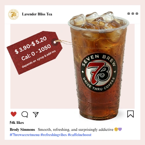 7 Brew Lavender Bliss Tea in a clear cup with soft purple color — 7 Brew secret menu lavender tea drink