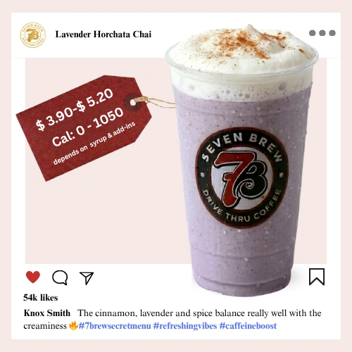 7 Brew Lavender Horchata Chai in a clear cup with creamy lavender color — 7 Brew secret menu horchata chai tea drink