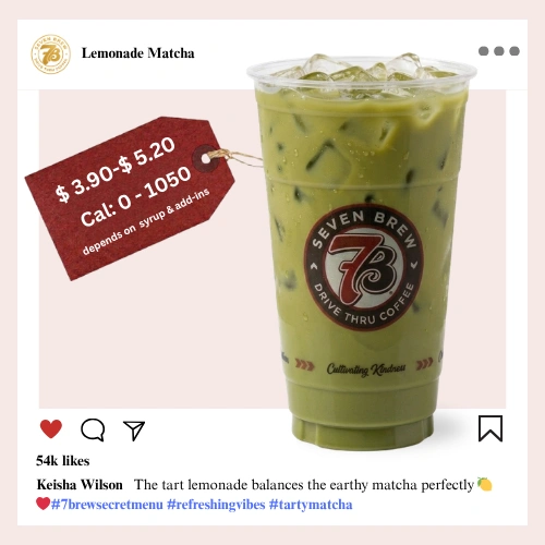 7 Brew Lemonade Matcha in a clear cup with vibrant green color — 7 Brew secret menu matcha lemonade drink