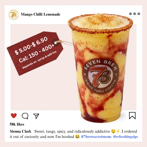 7 Brew secret menu Mango Chilli Lemonade a warm golden-orange iced lemonade combining sweet ripe mango with a spicy chilli kick for a fiery tropical contrast