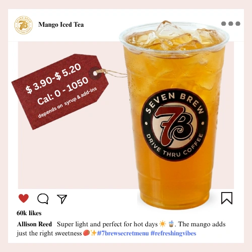 7 Brew Mango Iced Tea in a clear cup with golden-orange color — 7 Brew secret menu mango tea drink