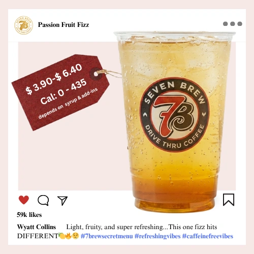 7 Brew Passion Fruit Fizz Soda in a clear cup with yellow-orange tropical color — caffeine-free 7 Brew fizz drink