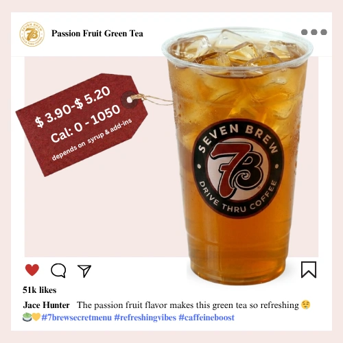 7 Brew Passion Fruit Green Tea in a clear cup with golden-yellow color — 7 Brew secret menu tropical green tea drink