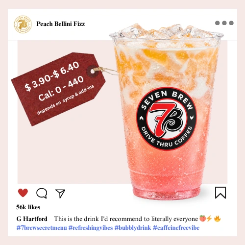 7 Brew Peach Bellini Fizz Soda in a clear cup with soft peach color — caffeine-free 7 Brew mocktail fizz drink