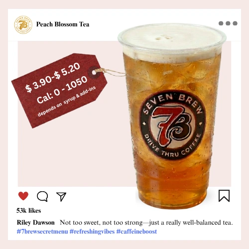 7 Brew Peach Blossom Tea in a clear cup with soft pink-peach color — 7 Brew secret menu peach tea drink