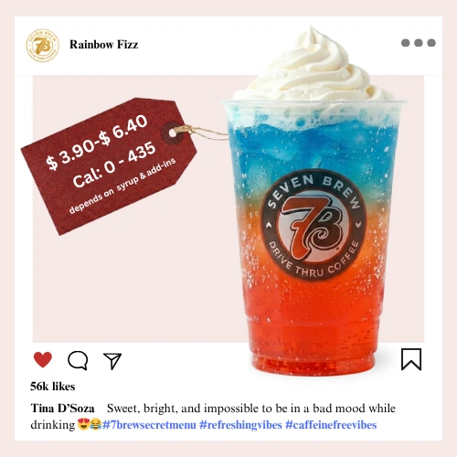 7 Brew Rainbow Fizz Soda in a clear cup with colorful layered rainbow hues — caffeine-free 7 Brew secret menu fizz drink