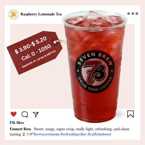 7 Brew Raspberry Lemonade Tea in a clear cup with vibrant pink-red color — 7 Brew secret menu berry tea drink