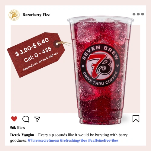 7 Brew Razorberry Fizz Soda in a clear cup with deep berry-red color — caffeine-free 7 Brew berry fizz drink