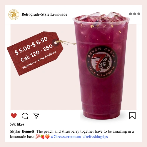 7 Brew Retrograde Style Lemonade in a clear cup with purple-pink layered color — 7 Brew secret menu floral lemonade drink