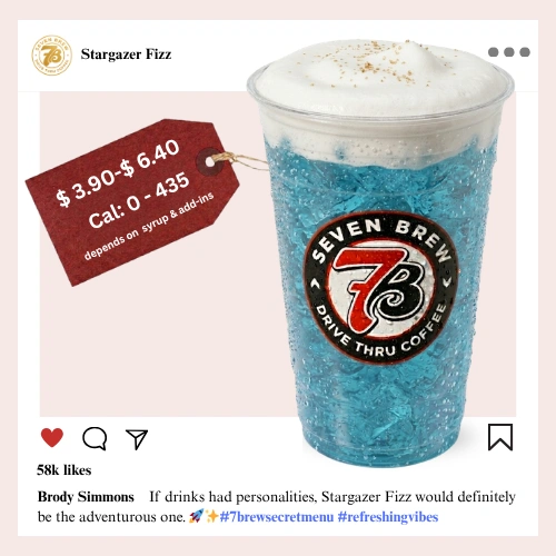 7 Brew Stargazer Fizz Soda in a clear cup with electric blue color — caffeine-free 7 Brew secret menu fizz drink