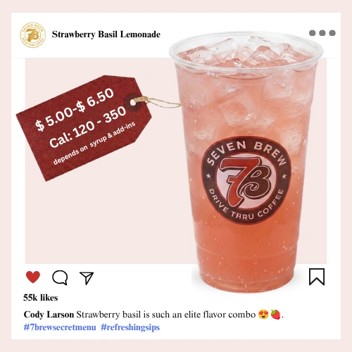 7 Brew Strawberry Basil Lemonade in a clear cup with pink color and basil — 7 Brew secret menu herbal lemonade drink