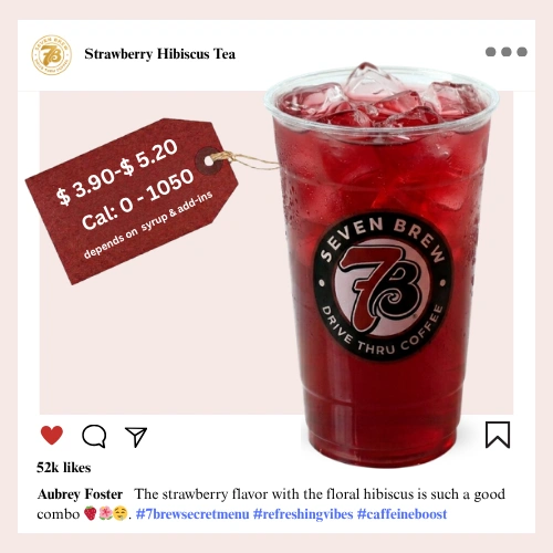 7 Brew Strawberry Hibiscus Tea in a clear cup with deep ruby-pink color — 7 Brew secret menu hibiscus tea drink