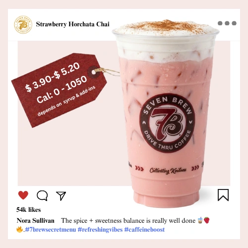 7 Brew Strawberry Horchata Chai in a clear cup with pink-caramel color — 7 Brew secret menu horchata chai drink