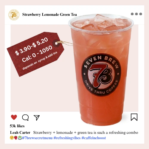 7 Brew Strawberry Lemonade Green Tea in a clear cup with pink-green color — 7 Brew secret menu green tea drink