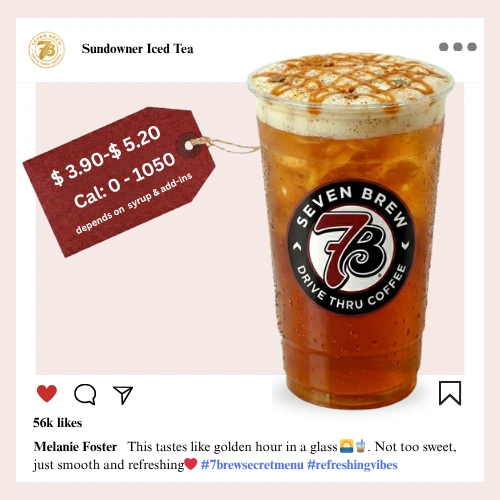 7 Brew Sundowner Iced Tea in a clear cup with warm amber-peach color — 7 Brew secret menu iced tea drink