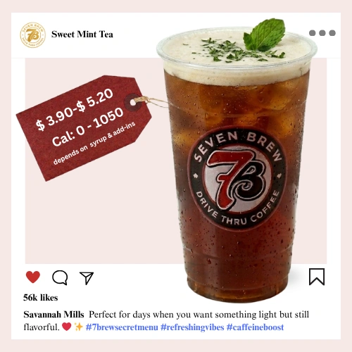 7 Brew Sweet Mint Tea in a clear cup with bright green-gold color — 7 Brew secret menu mint tea drink