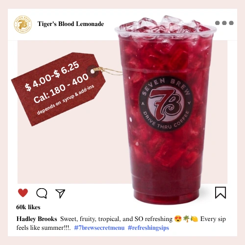 7 Brew Tiger's Blood Lemonade in a clear cup with pink-red tropical color — 7 Brew secret menu strawberry lemonade drink