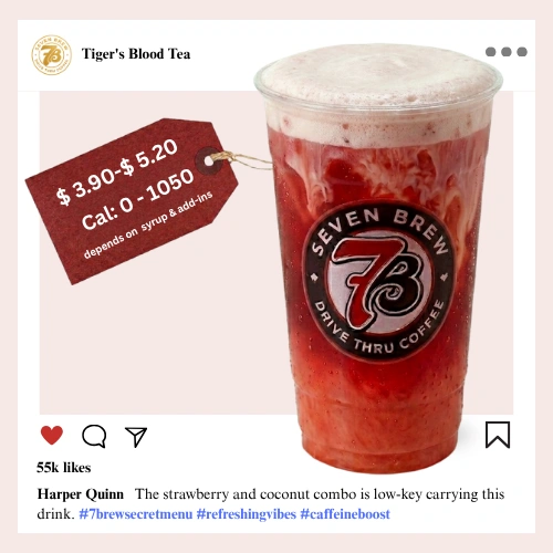 7 Brew Tiger's Blood Tea in a clear cup with pink tropical color — 7 Brew secret menu strawberry tea drink