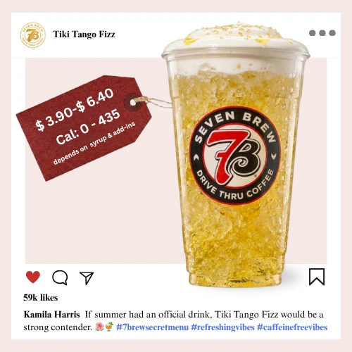 7 Brew Tiki Tango Fizz Soda in a clear cup with golden tropical color — caffeine-free 7 Brew tropical fizz drink