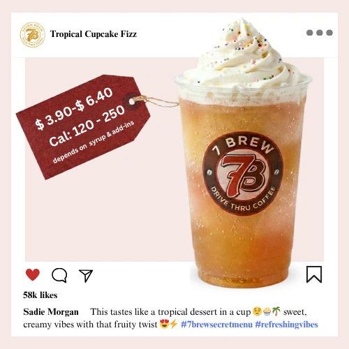 7 Brew Tropical Cupcake Fizz Soda in a clear cup with light yellow-pink color — caffeine-free 7 Brew dessert fizz drink