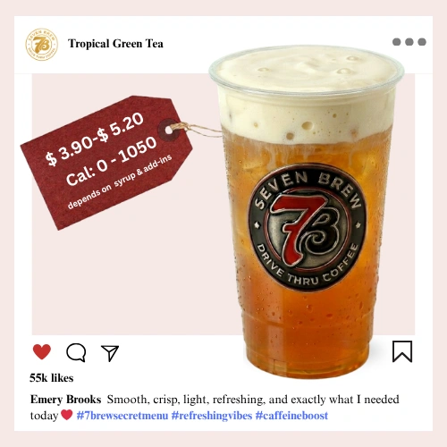 7 Brew Tropical Green Tea in a clear cup with golden-green tropical color — 7 Brew secret menu tropical green tea drink