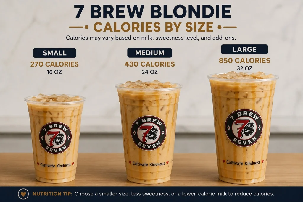 7 Brew Blondie calorie comparison chart for small, medium, and large sizes