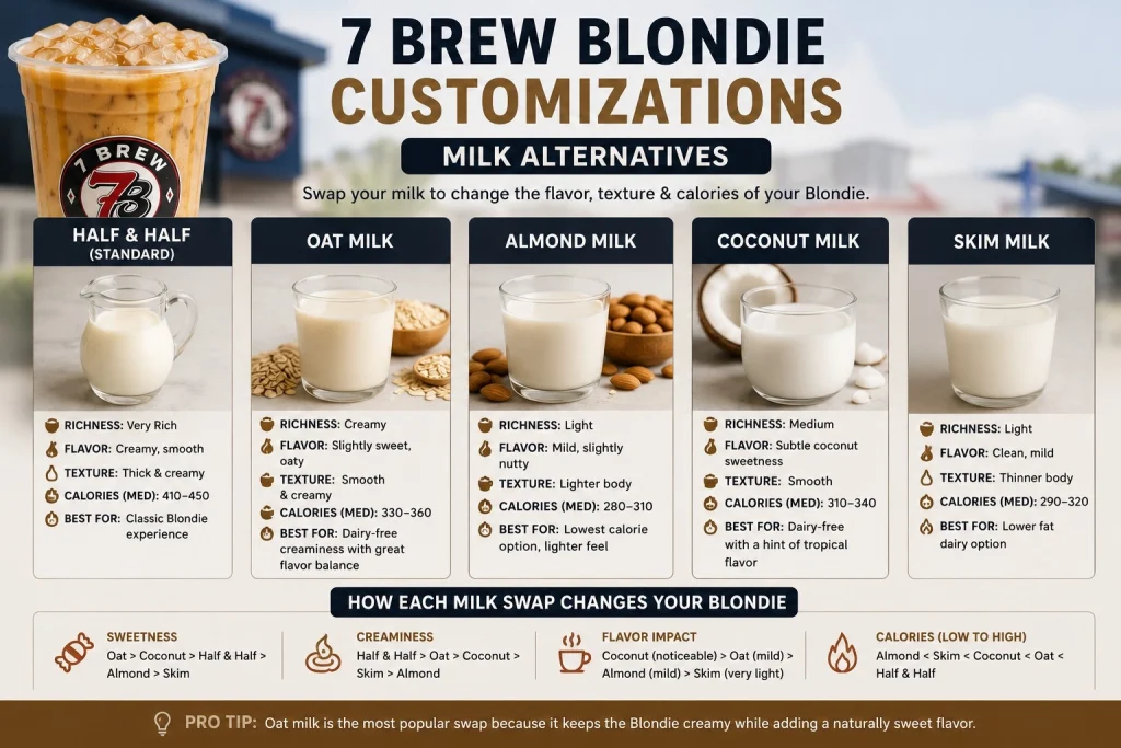 7 Brew Blondie milk swap comparison chart for oat, almond, coconut, and skim milk