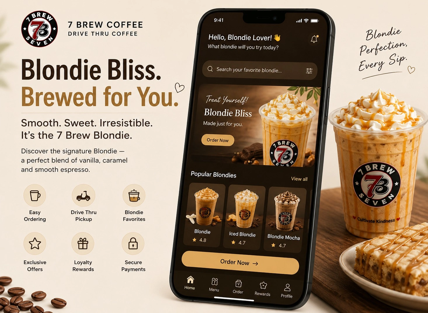7 Brew Blondie featured image with app ordering screen and iced Blondie drink