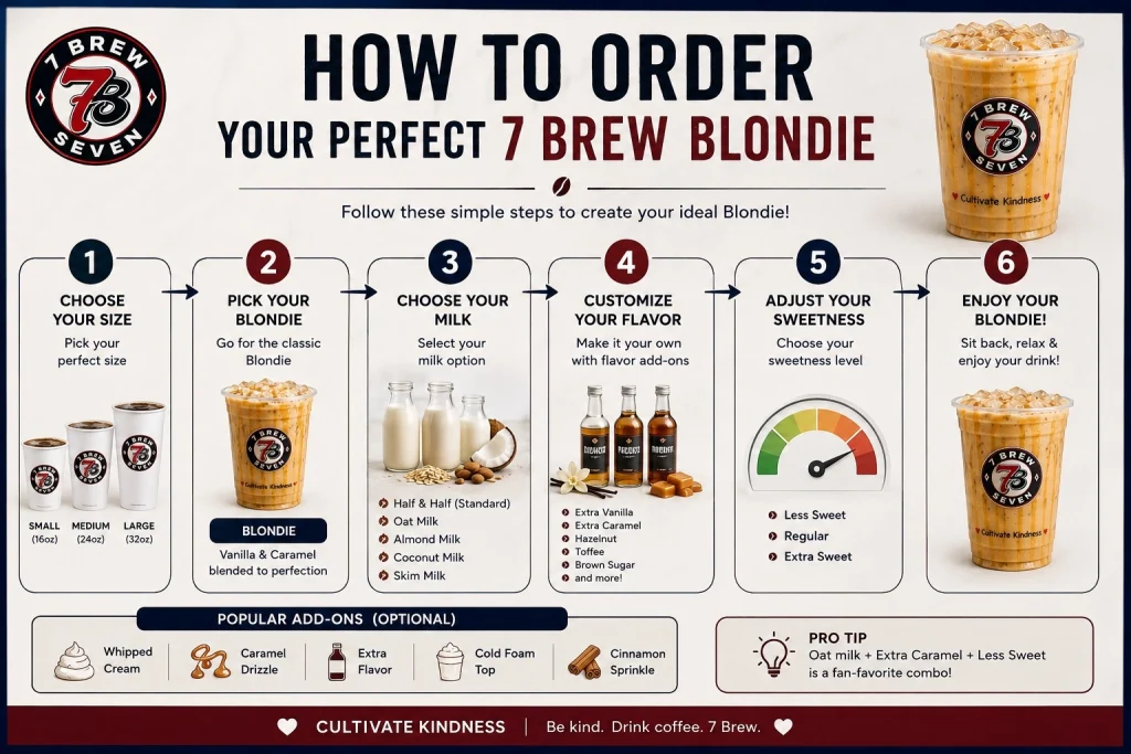 7 Brew Blondie ordering guide infographic with six step process